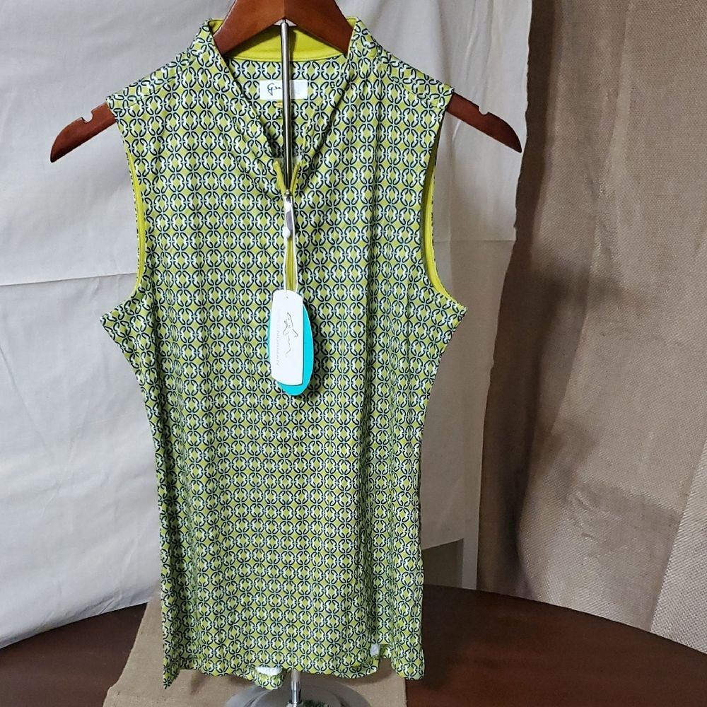 Greg Norman Play Dry NWT  Sleeveless Patterned Tank -Kiwi Green/navy Size Small
